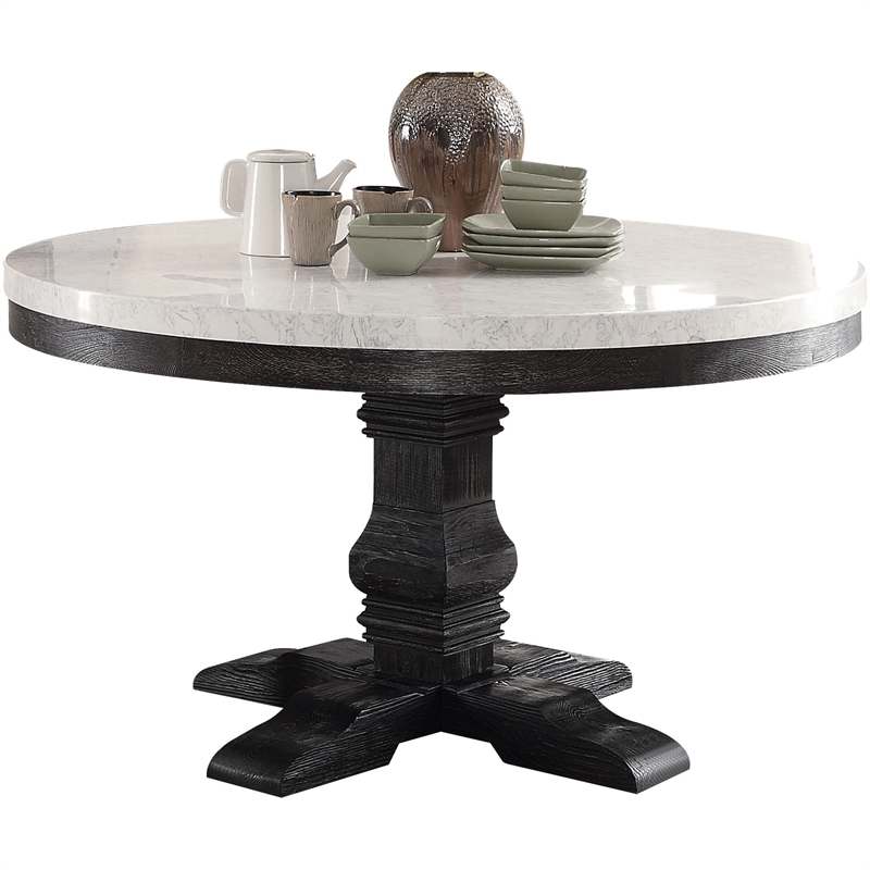 Acme Nolan Dining Table In White Marble And Salvage Dark Oak