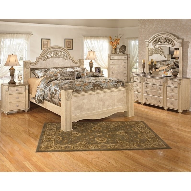 UPC 688168836268 product image for Ashley Saveaha 6 Piece Wood King Panel Bedroom Set in Beige | upcitemdb.com