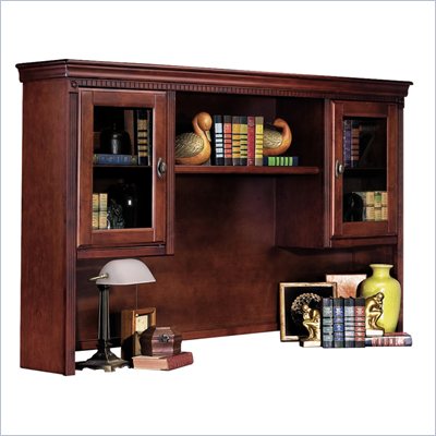 Kathy Ireland Home by Martin Furniture Huntington Club Solid Wood Hutch Top with Two Glass Doors and Pullout Task Light Bridge in Distressed Cherry