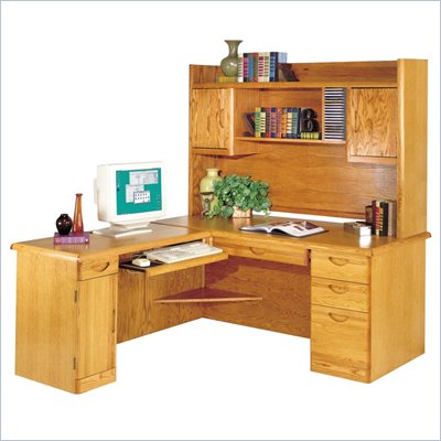 Kathy Ireland Home by Martin Furniture Waterfall L-Shape Wood Home Office Set with Hutch in Medium Oak