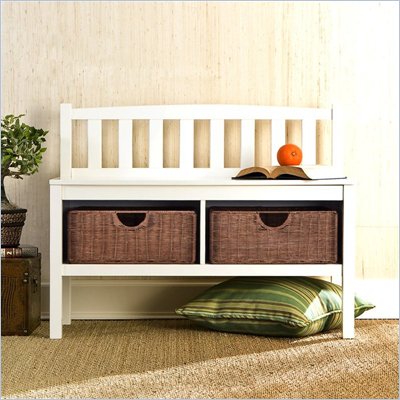 Southern Enterprises White Bench with Brown Rattan Baskets