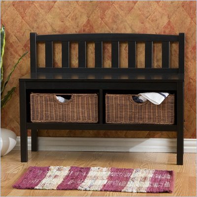 Southern Enterprises Black Bench with Brown Rattan Baskets