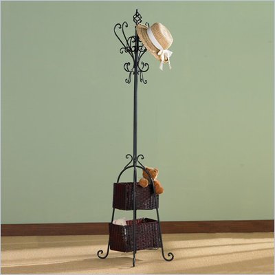 Southern Enterprises Black Standing Coat Rack with Rattan Storage