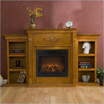Southern Enterprises Tennyson Plantation Oak Free Standing Bookcase Fireplace