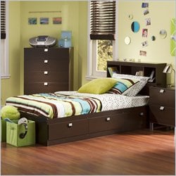 South Shore Streamline Kids Twin Wood Chocolate Bookcase Bed 2 Piece Bedroom Set