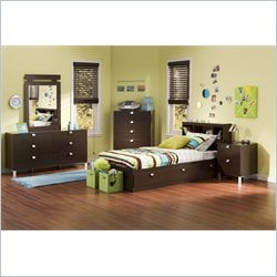 South Shore Cakao Kids Twin 4 Piece Bedroom Set with Bookcase Headboard in Chocolate