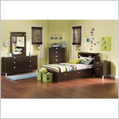 South Shore Cakao Kids Twin 4 Piece Bedroom Set with Bookcase Headboard in Chocolate