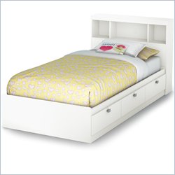 South Shore Affinato Twin Bookcase Storage Bed Set in Pure White Finish