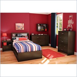 South Shore McLaren 5 Piece Twin Bookcase Bedroom Set in Mocha