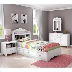 South Shore Sabrina 4 Piece Twin Bookcase Bedroom Set in Pure White