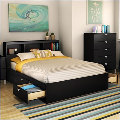 South Shore Affinato Full Bookcase Storage Bed Set in Solid Black Finish
