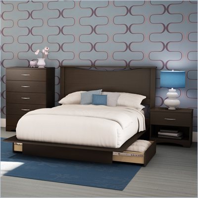 South Shore Back Bay Dark Chocolate Queen Wood Storage Platform Bed 3 Piece Bedroom Set
