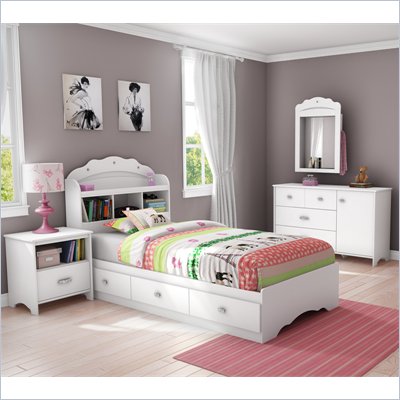 South Shore Sabrina 4 Piece Twin Bookcase Bedroom Set in Pure White