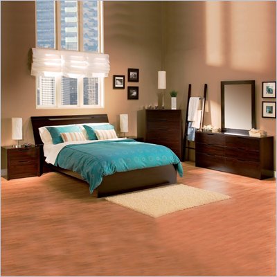 South Shore Furniture Sereno Queen Low Profile Wood Platform Bed 3 Piece Bedroom Set in Sauvignon