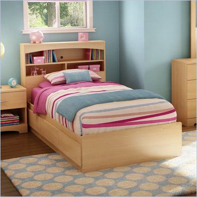 South Shore Shiloh Kids Twin Bookcase Storage Bed Set in Natural Maple Finish