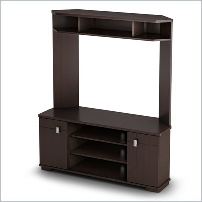 South Shore Vertex Corner TV Stand with Hutch in Chocolate Finish