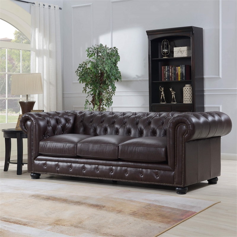 Bowery Hill 20 Traditional Leather Tufted Back Chesterfield Sofa In