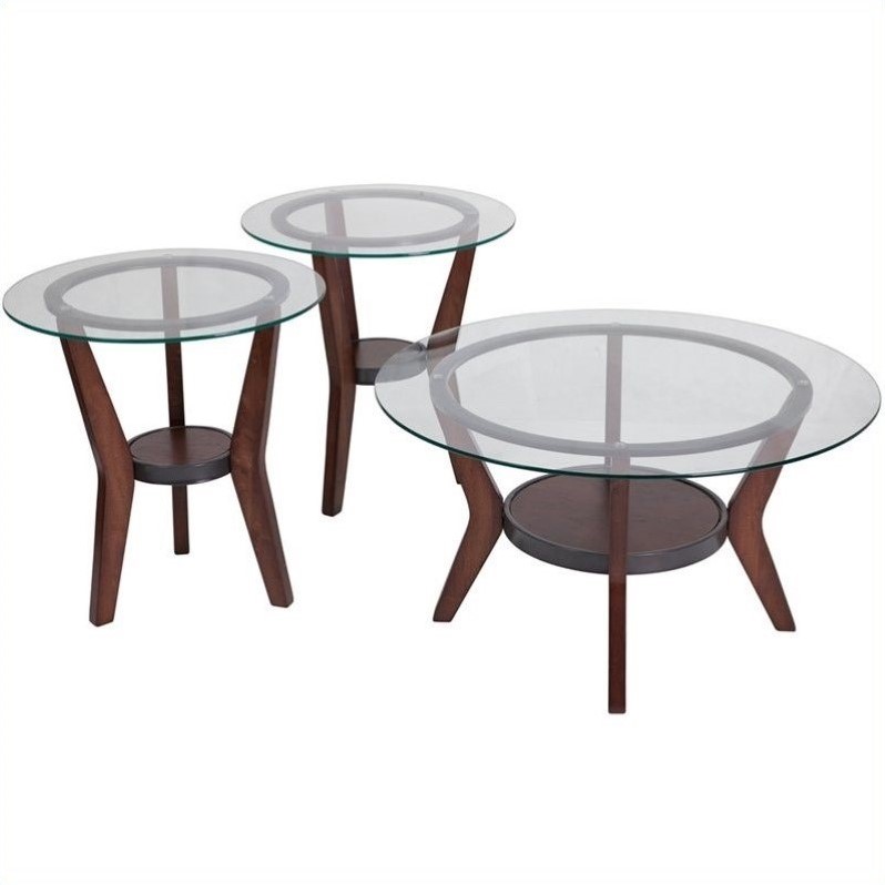 Set Of 2 Light Brown Wood Accent Tables With Glass Round Top