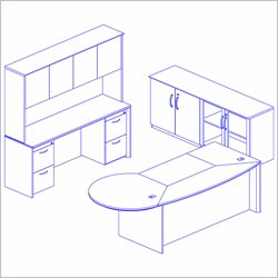 Mayline Corsica 95 Right P-Shaped Desk, Center Drawer, Peninsula Desk, Hutch with Wood Doors, Wall Cabinet and 3 Mobile Filing Cabinets