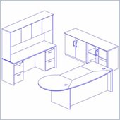 Mayline Corsica 95 Right P-Shaped Desk, Center Drawer, Peninsula Desk, Hutch with Wood Doors, Wall Cabinet and 3 Mobile Filing Cabinets
