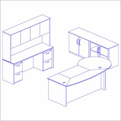 Mayline Corsica 95 Left P-Shaped Desk, Center Drawer, Peninsula Desk, Hutch with Wood Doors, Wall Cabinet and 3 Mobile Filing Cabinets