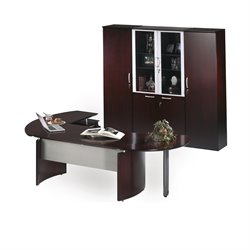 Mayline Napoli 72 Desk with 2 Curved Returns, High Wall Cabinet and 2 Wardrobe Cabinets-Mahogany