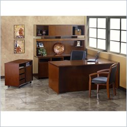 Mayline Stella 72 x 30 Desk with Bridge, Hutch, Credenza, Mobile Pedestal, Storage Side Cabinet, and Lateral File in Toffee
