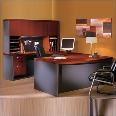 Mayline Aberdeen Bow Front Desk, Hutch with Wood Doors, Credenza, Contour Bridge, and 2 Pedestals