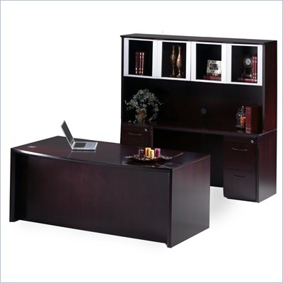 Mayline Corsica 72" Bow Front Executive Computer Desk, Credenza, Hutch with Glass Doors, 2 Mobile Filing Cabinets and Center Drawer