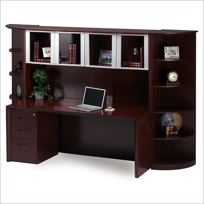 Mayline Corsica 66 Inch Straight Front Desk with Bridge, Credenza, Hutch (Glass Doors), Mobile Filing Cabinets and Center Drawer