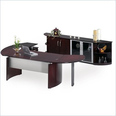 Mayline Napoli 72" Desk with Curved Extension, Single Pedestal Right Return, Low Wall Cabinet and 2 Shelves