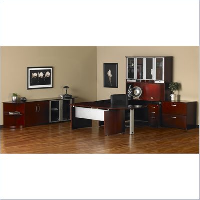 Mayline Napoli 72"" Desk Set with Curved Extension, Left Return with Pedestal, High Wall Cabinet and 2 Wardrobe Cabinets
