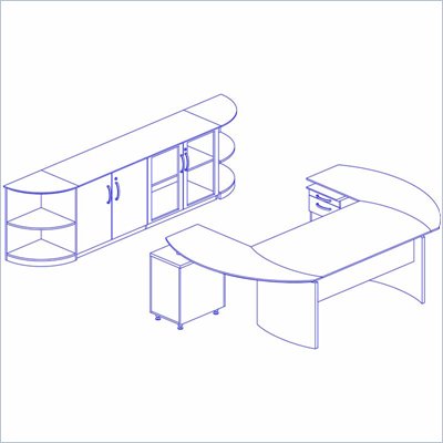 Mayline Napoli 72" Desk Set with 2 Curved Extensions, Center Drawer, Low Wall Cabinet and Two (2) Shelves