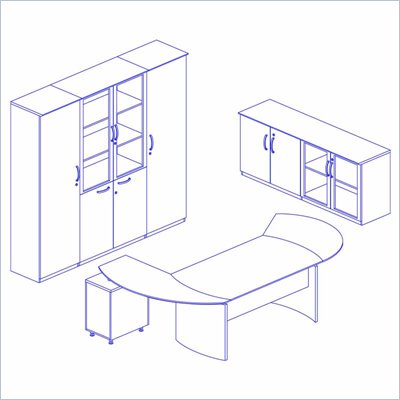 Mayline Napoli 72 Inch Desk, Curved Desk Extension, Right Return with Pedestal, Center Drawer, Low and High Wall Cabinets and Two (2) Wardrobe Cabinets