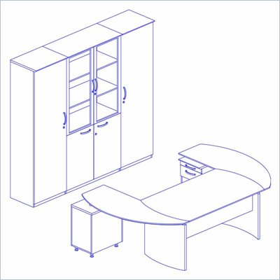 Mayline Napoli 72 Inch Desk, Curved Desk Extension, Right Return with Pedestal, Center Drawer, Low Wall Cabinet and Two (2) Wardrobe Cabinets