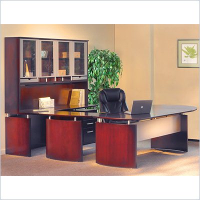 Mayline Napoli 63" Desk Set with Curved Extension, Center Drawer, Right-Hand Bridge, Credenza, Hutch, Pedestal and Trays