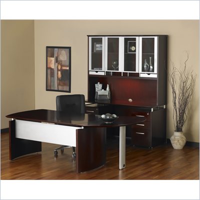 Mayline Napoli 63" Desk with 2 Curved Single Pedestal Returns and Center Drawer