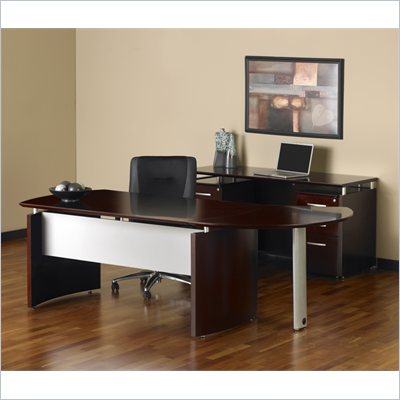 Mayline Napoli 63" Desk with Curved Extension, Right Single Pedestal Return, Center Drawer and Low Wall Cabinet