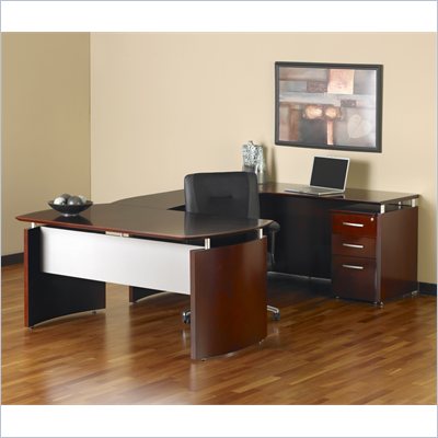 Mayline Napoli 63" Desk with Curved Extension, Single Pedestal Left Return and Low Wall Cabinet