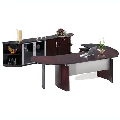Mayline Napoli 72" Desk with Curved Extension, Single Pedestal Left Return, Low Wall Cabinet and 2 Shelves