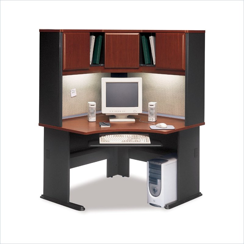 Bush A-Series Corner Wood Office Desk with Hutch in Hansen Cherry