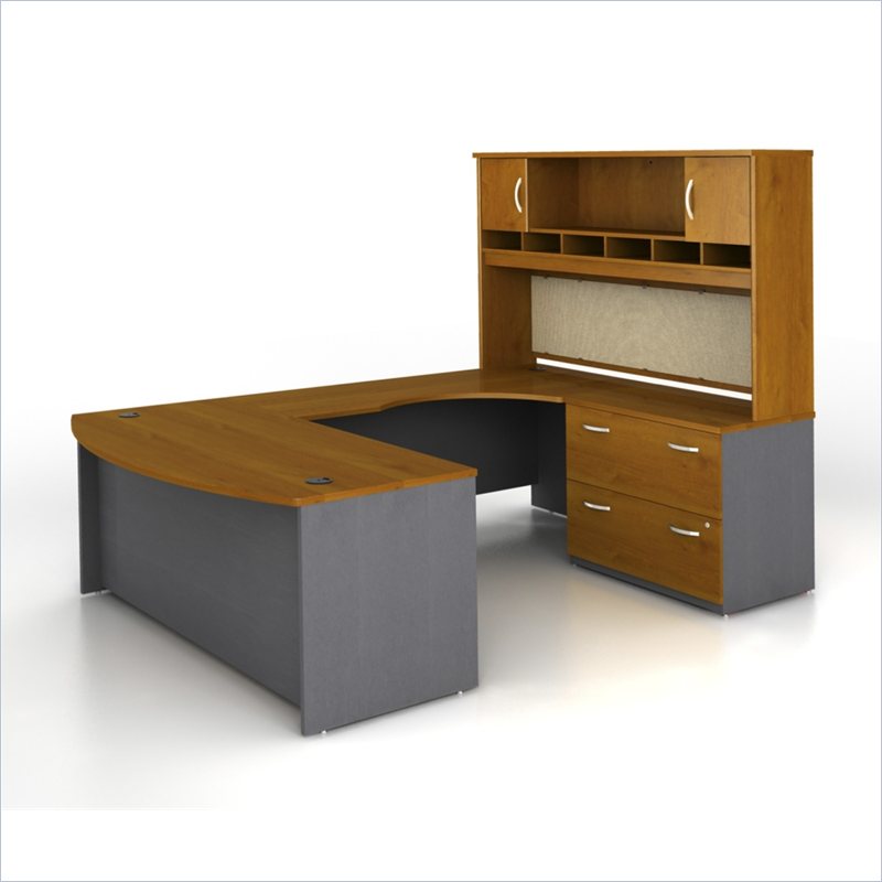 Bush Corsa Series Bow Front U-Shape Wood Computer Desk Set with Hutch in Natural Cherry