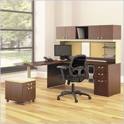 Bush Furniture Quantum L-Shape Wood Office Set With Mobile Pedestal in Harvest Cherry