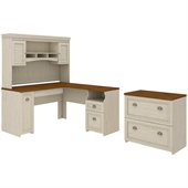 Bush Fairview L-Shape Wood Computer Desk Set with Hutch in Antique White