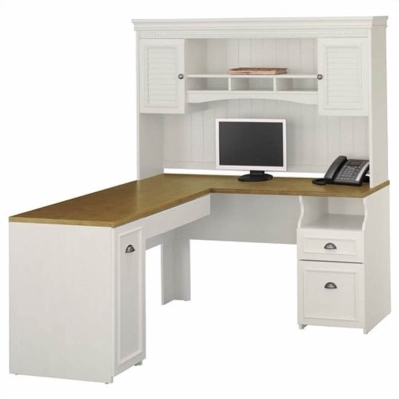 Fairview 60 L Shape Computer Desk With Hutch In Antique White