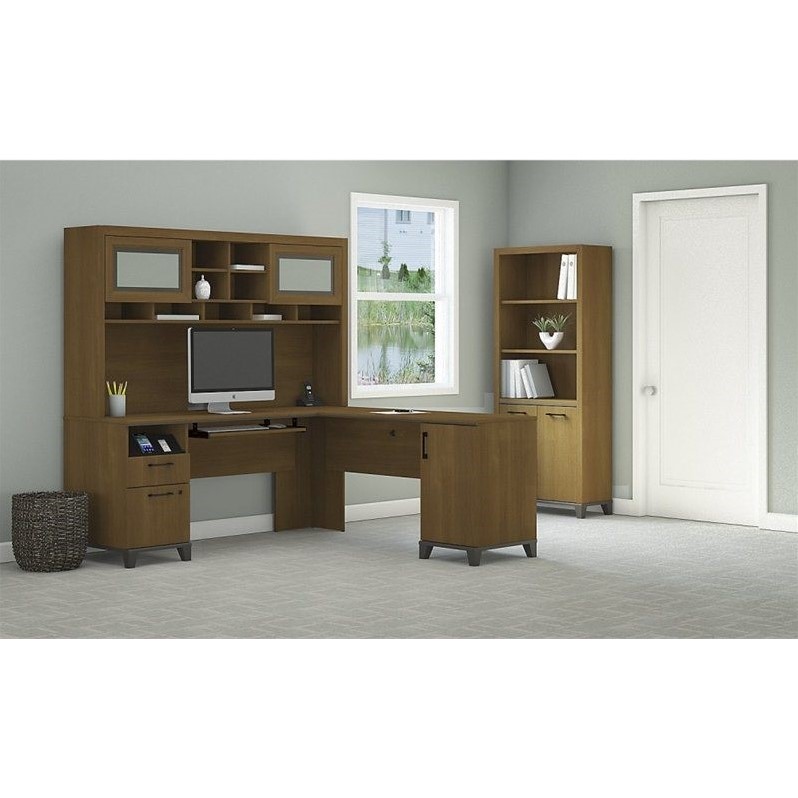 Achieve L Shaped Desk with Hutch and Bookcase in Warm Oak ACH005WO