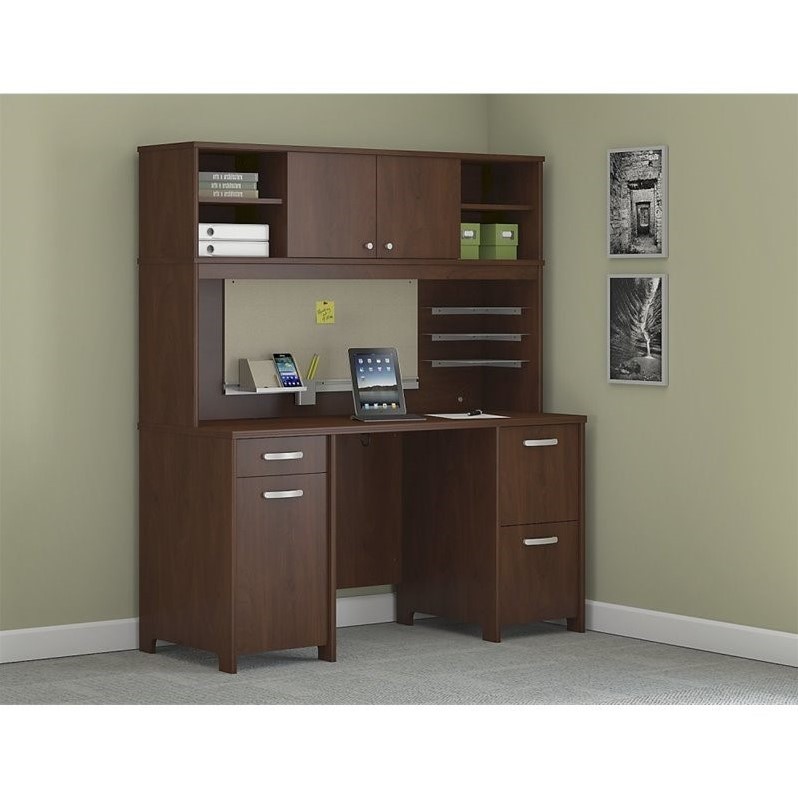 Bush Furniture Envoy Office Desk with Hutch and 2 Pedestals in Cherry