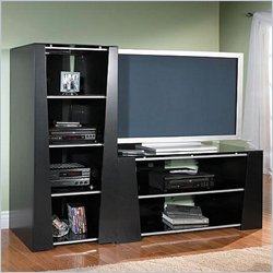 Bush Furniture Denali Audio Rack Satin Black with Silver Metallic finish with 3 Fixed Shelves