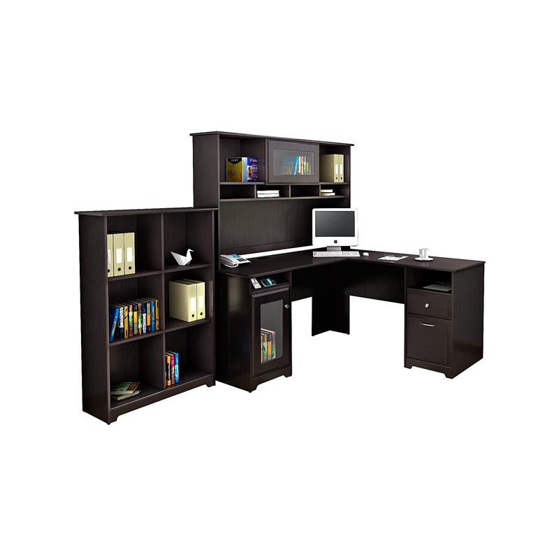 Cabot L Shaped Desk With Hutch And 6 Cube Organizer In Espresso Oak Cabot L Shaped Desk With Hutch And 6 Cube Organizer In Espresso Oak
