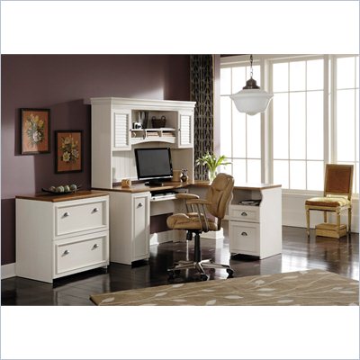 Bush Fairview L-Shape Wood Computer Desk Set with Hutch in Antique White